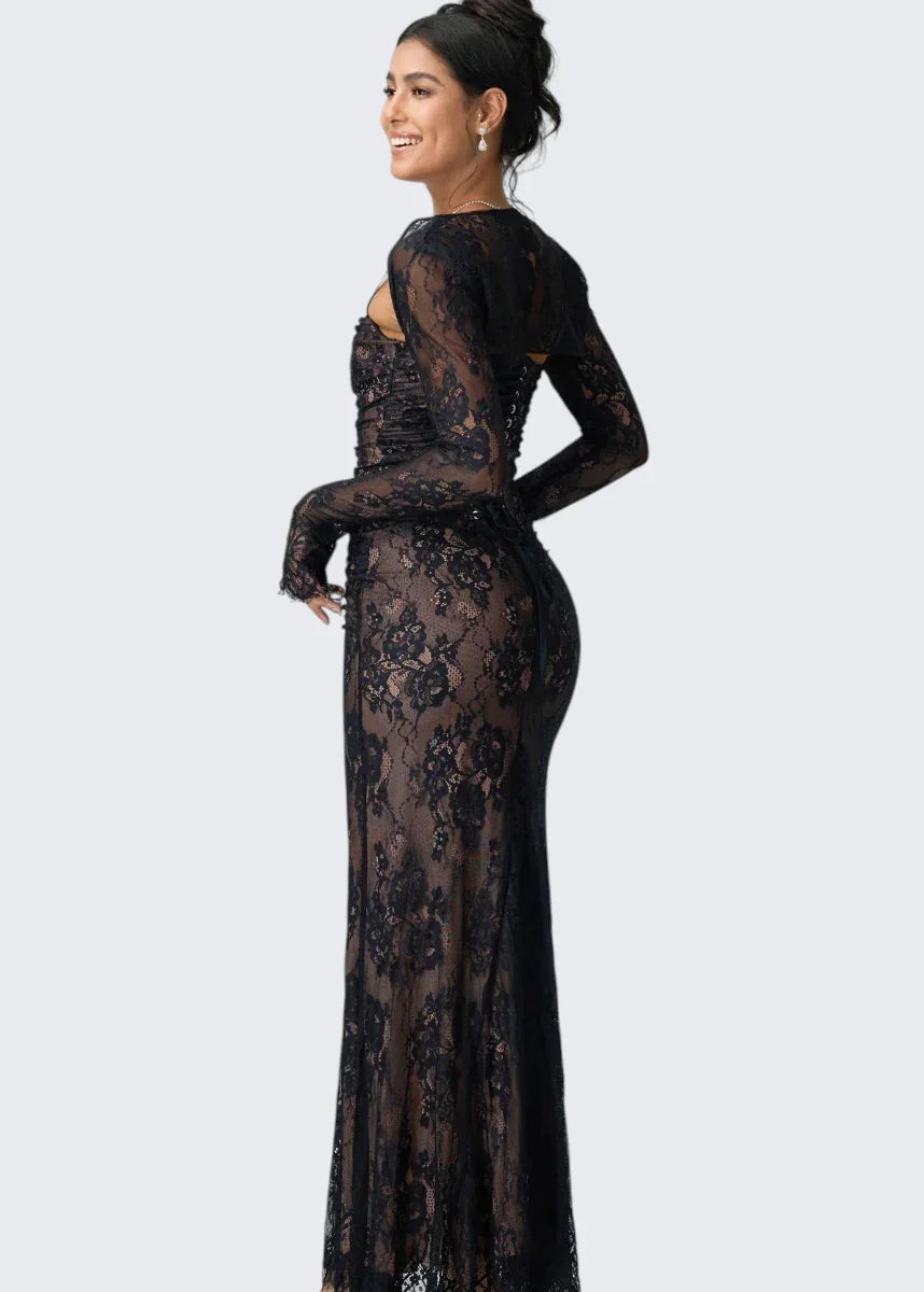Carrie | Square Neck Sheer Sleeve Lace Dress