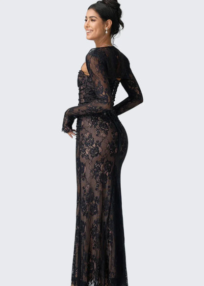 Carrie | Square Neck Sheer Sleeve Lace Dress