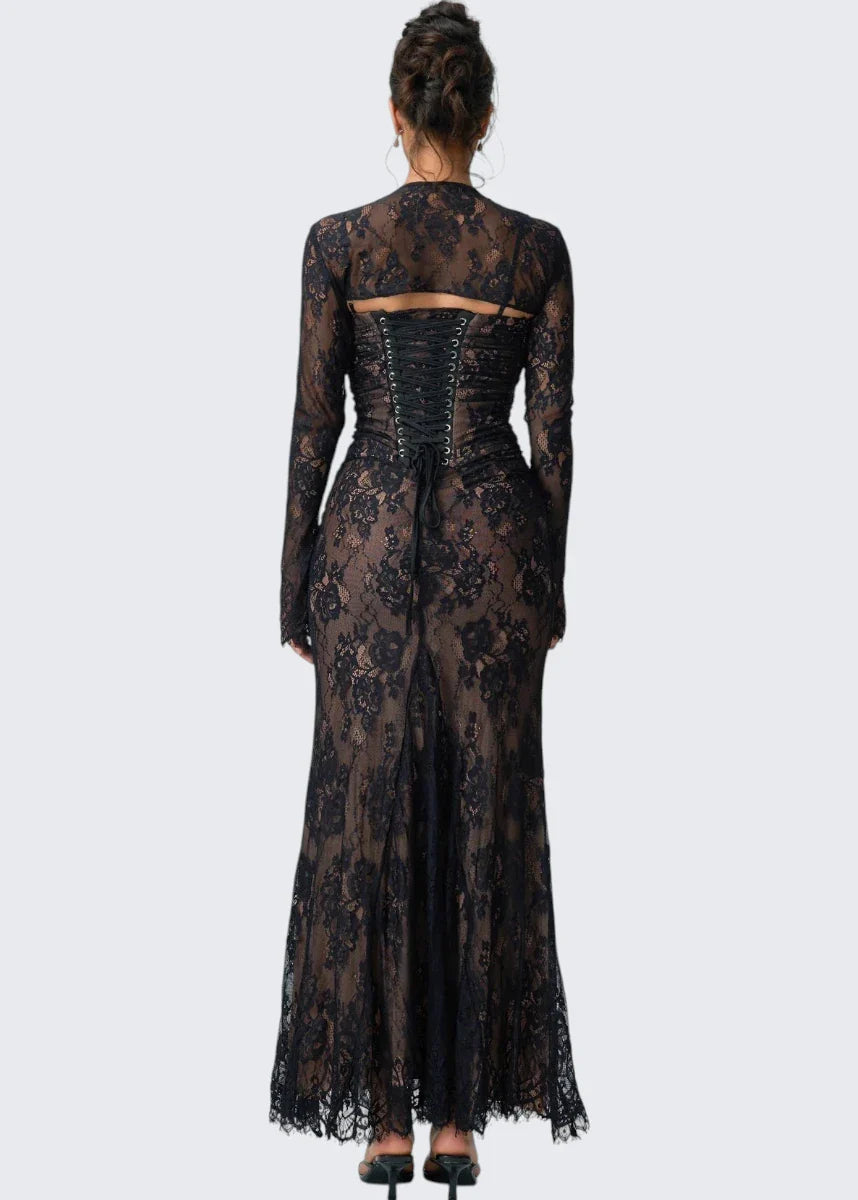 Carrie | Square Neck Sheer Sleeve Lace Dress