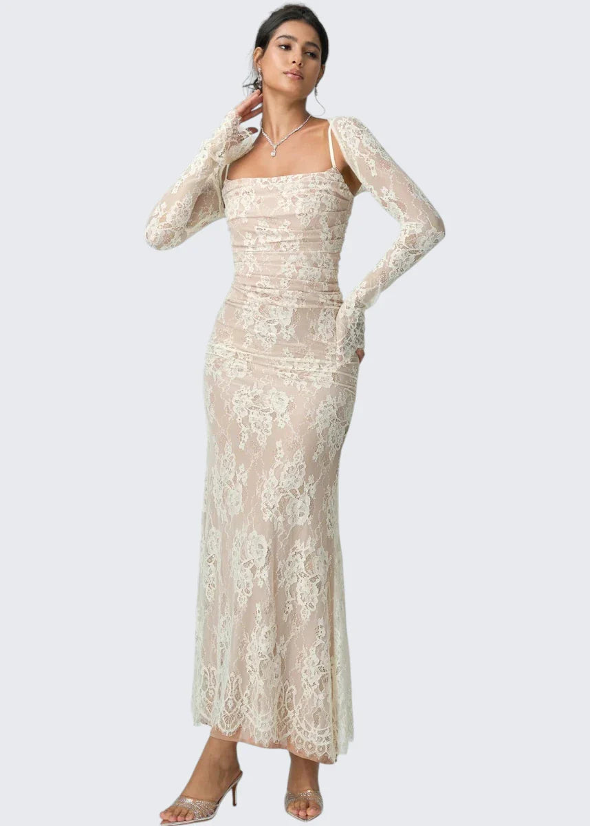 Carrie | Square Neck Sheer Sleeve Lace Dress