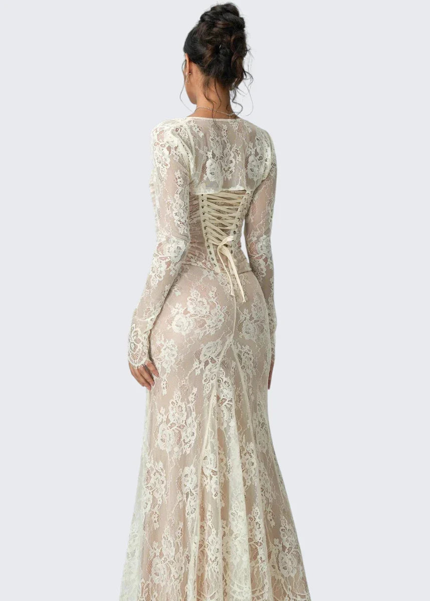 Carrie | Square Neck Sheer Sleeve Lace Dress