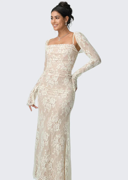 Carrie | Square Neck Sheer Sleeve Lace Dress