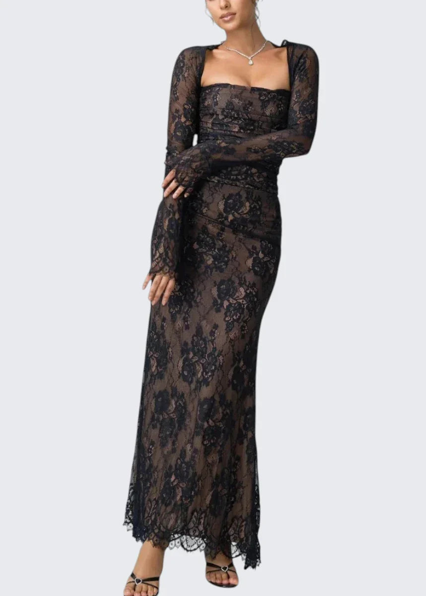 Carrie | Square Neck Sheer Sleeve Lace Dress