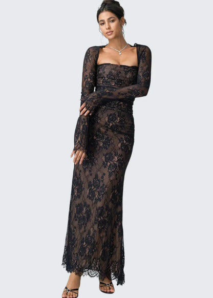 Carrie | Square Neck Sheer Sleeve Lace Dress