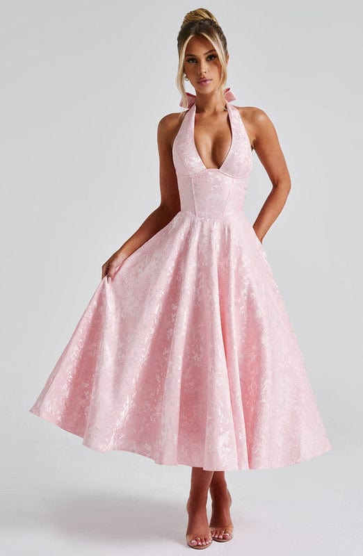 Carmela - Backless Halter Neck Midi Dress in Yellow