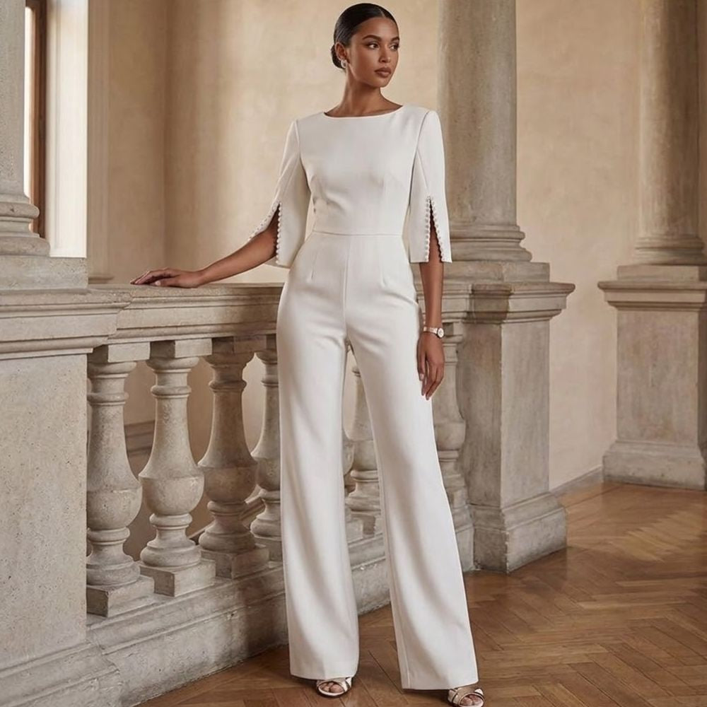 Emma - Boat Neck Wide Leg Party Jumpsuit in White