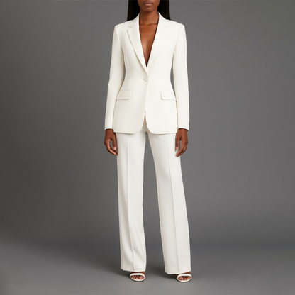 Mary - Long Sleeve V-Neck Two Piece Suit in White
