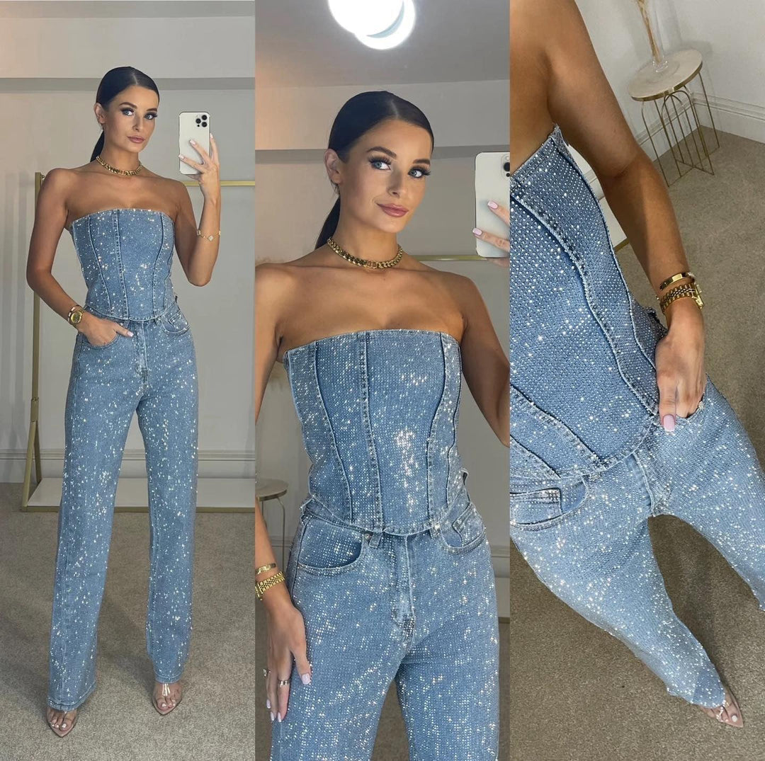 Stella - Strapless Corset Glitter Party Jumpsuit in Blue