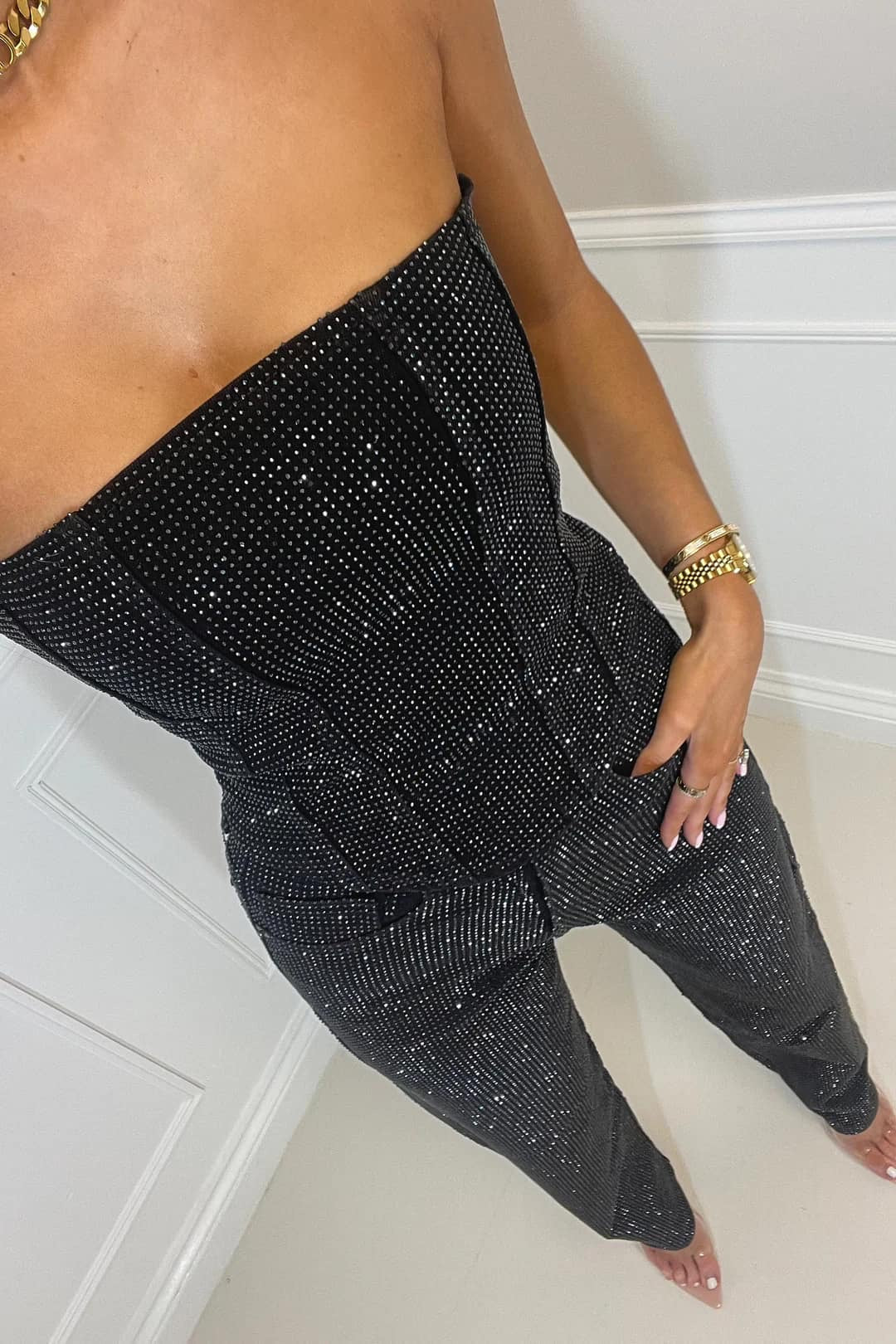 Stella - Strapless Corset Glitter Party Jumpsuit in Blue